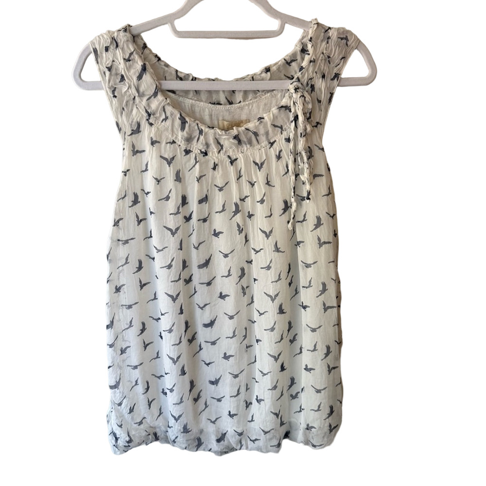 Giusy Y2K Vintage Silk White and Blue Bird Smocked Flutter Sleeve Blouse Size S